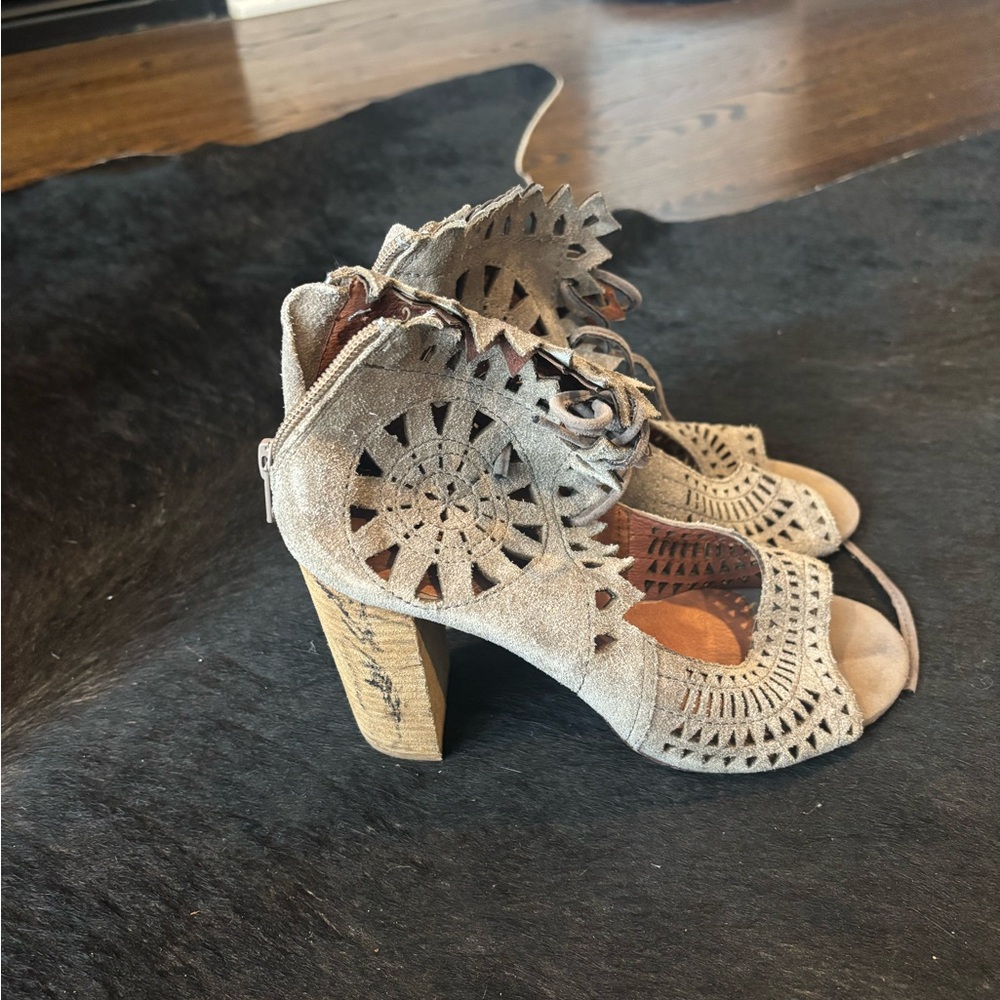 Jeffrey Campbell Cordia Peep-Toe Block Heeled Taupe Suede laser cut bootie